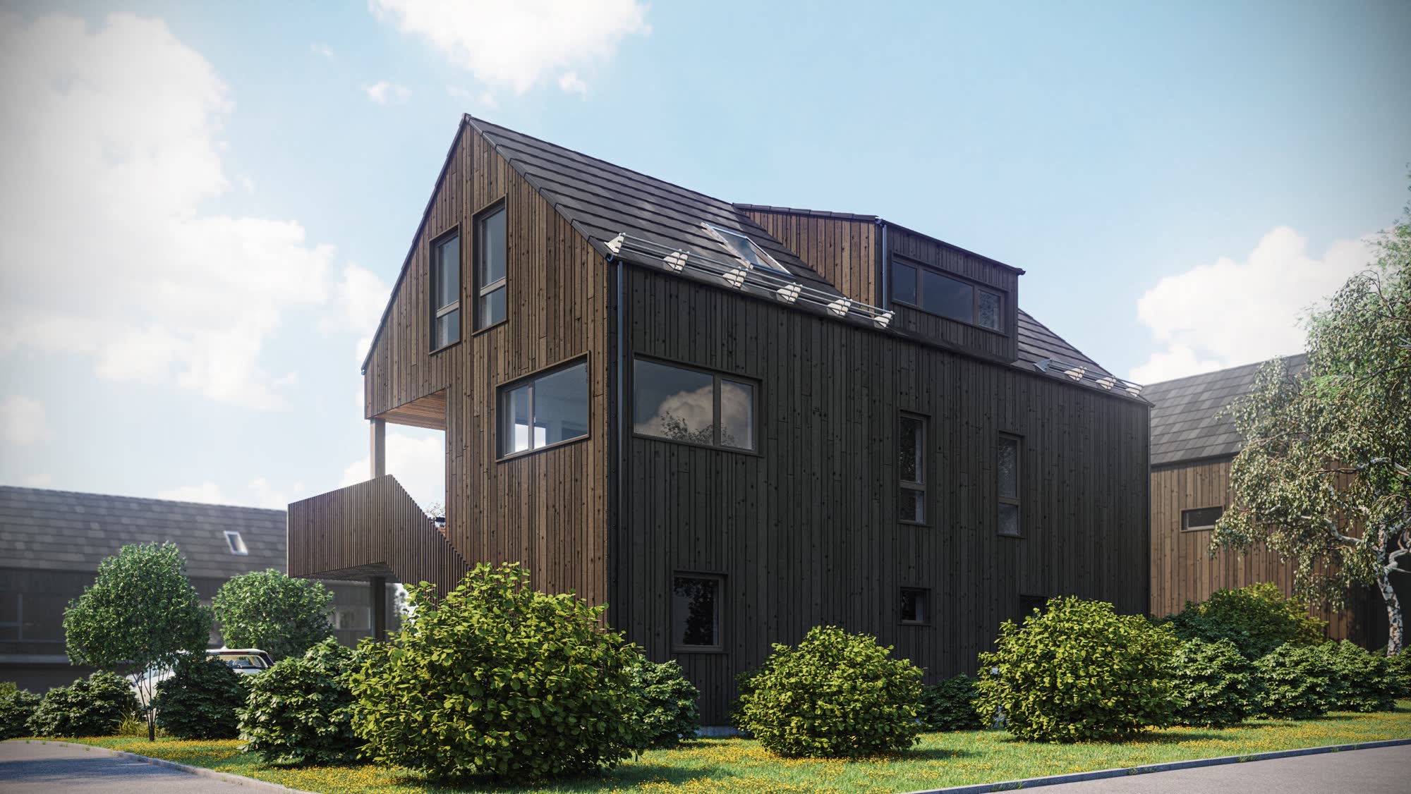 Illustrasjon av Solkroken 3A, en mørk trebolig