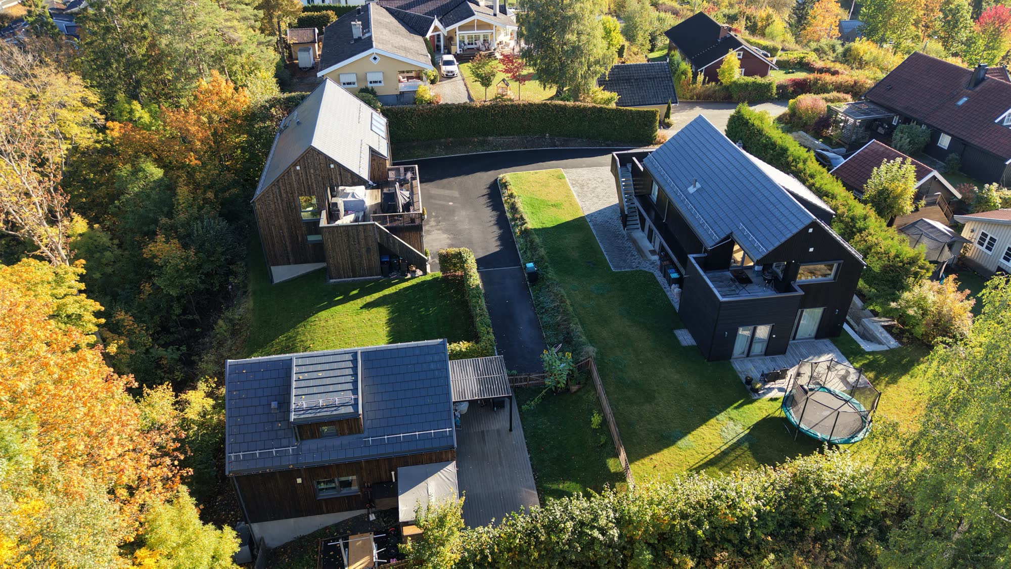 Dronebilde over boliger i høstfarger