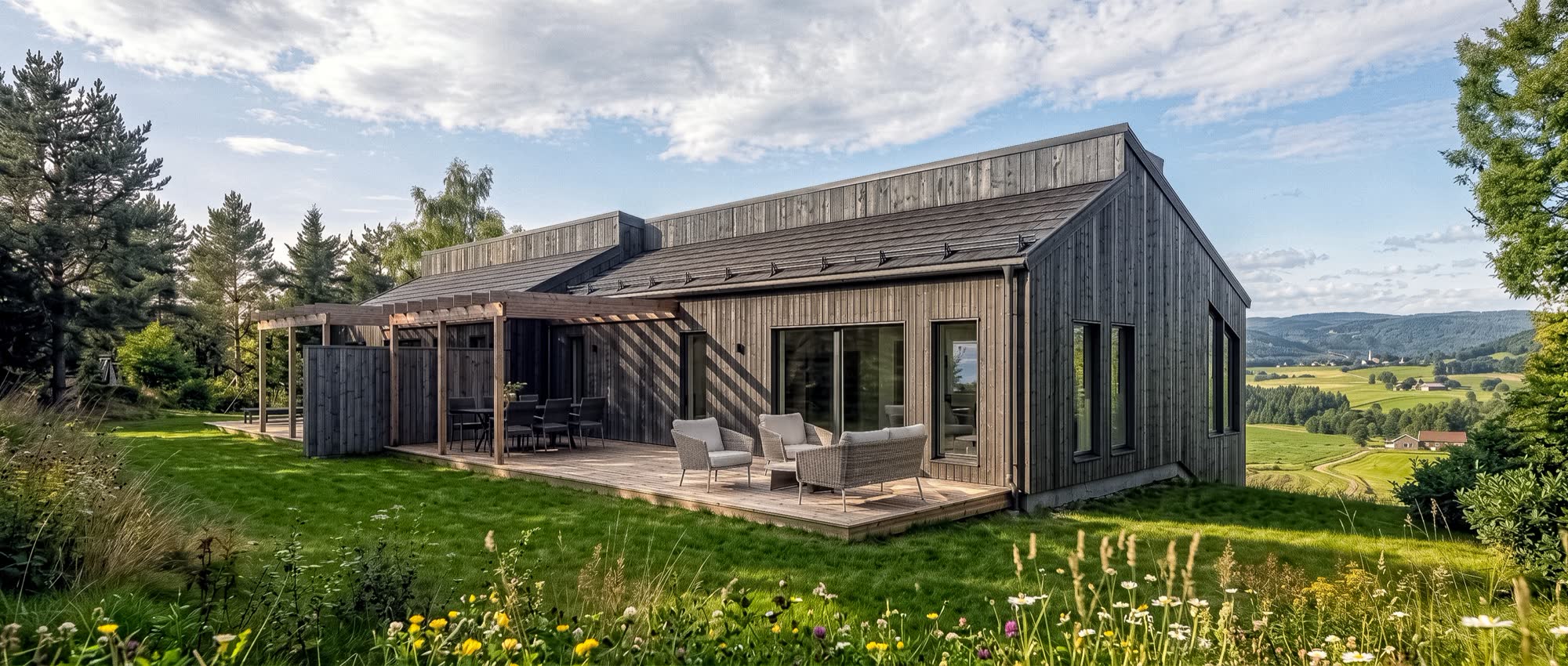 Illustrasjon av Slalåmveien 50 med terrasse og utsikt over landskapet