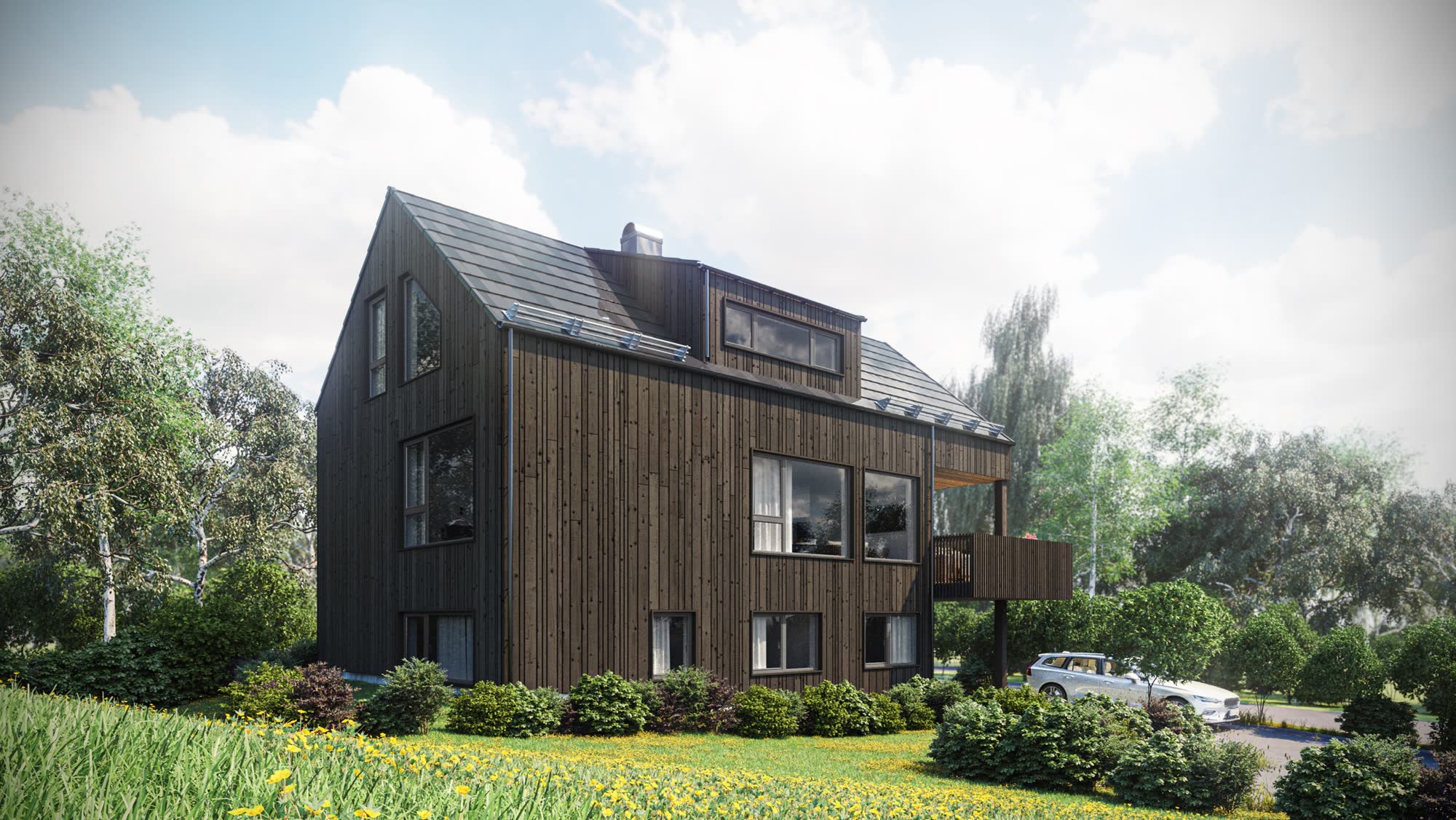 Illustrasjon av Solkroken 3A, en mørk trebolig i grønne omgivelser